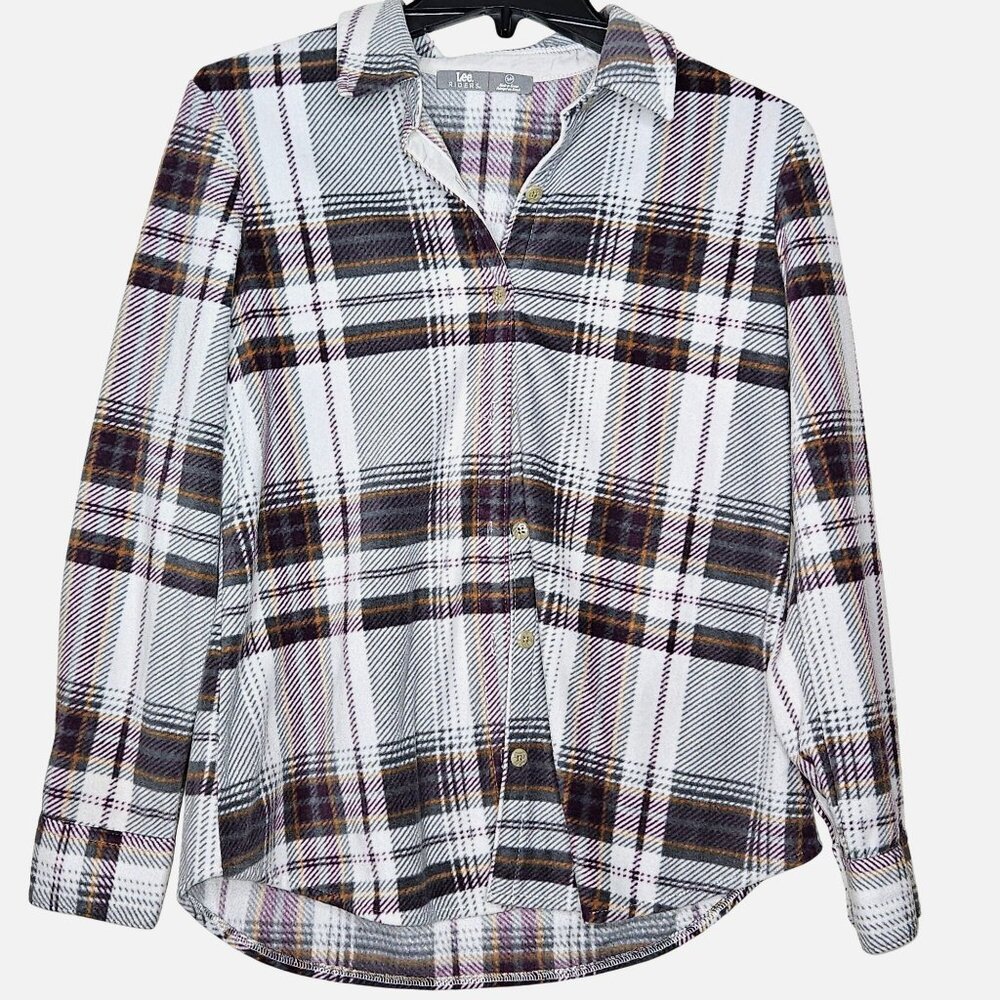 Womens cottagecore country Plaid Button-Up Shirt S White Purple Yellow Polyester